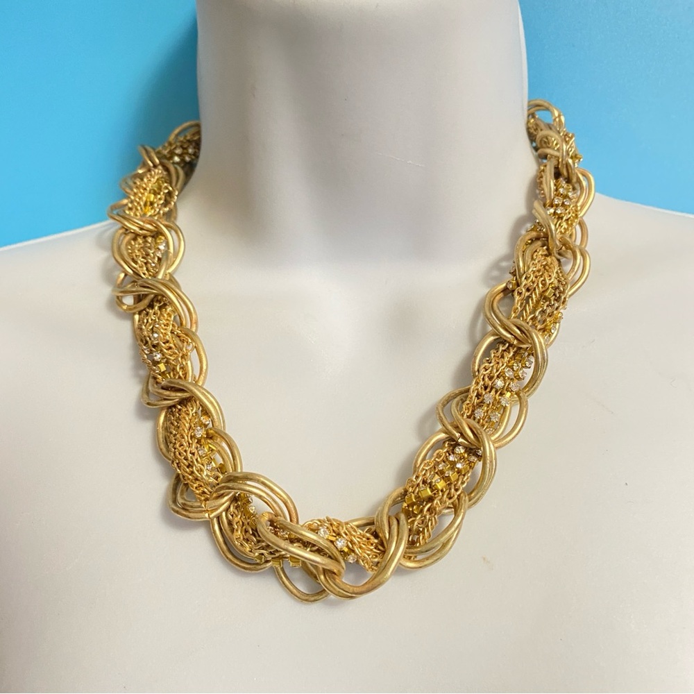 Vintage Chunky Gold Tone Chain Link Toggle Clasp Rhinestones Weave Necklace